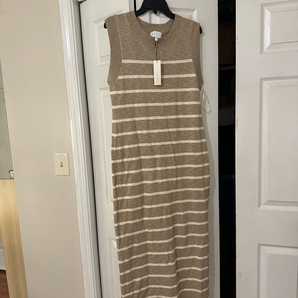 Elegant Tan and Cream Striped Midi Dress